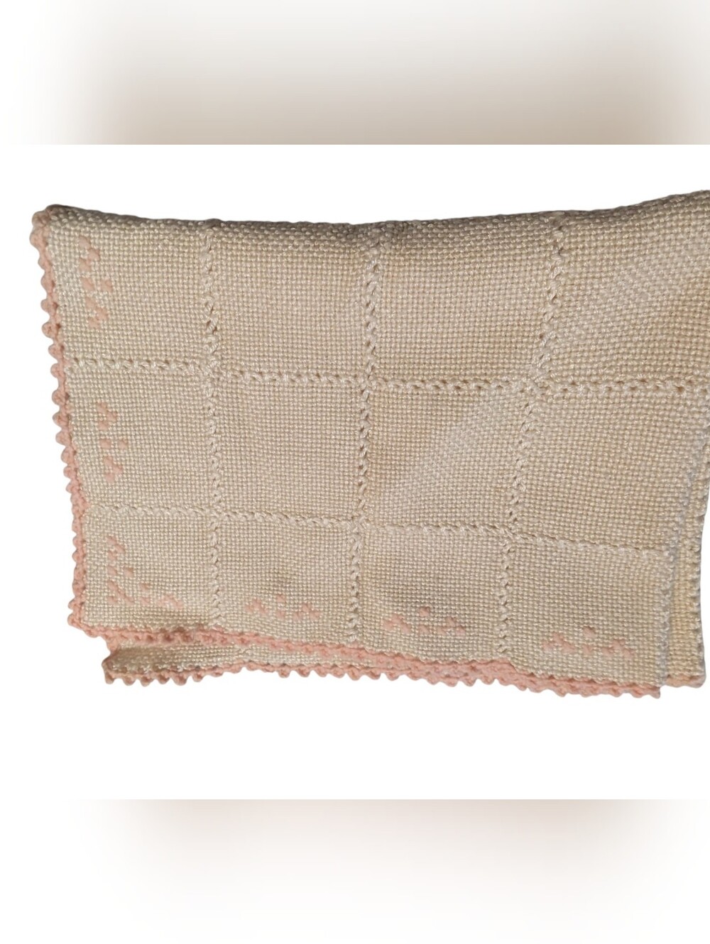 Vintage Hand-Knitted Baby Blanket Heirloom Pink & Cream Square Block Throw